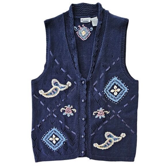 Capacity Sweaters - VTG Dark Blue Knit Vest Women's L Embroidered Ribbon Grandma Core Cottagecore